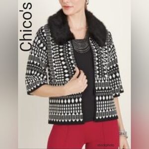 Chico's Womens Black & White Faux Fur Collar Cardigan Sweater Plus Size 3 NWT